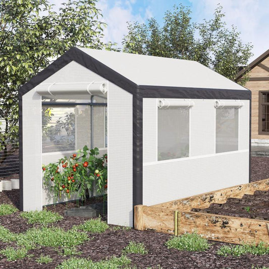 Outdoor tunnel greenhouse with white PE walls, dark steel frame, and side window panels