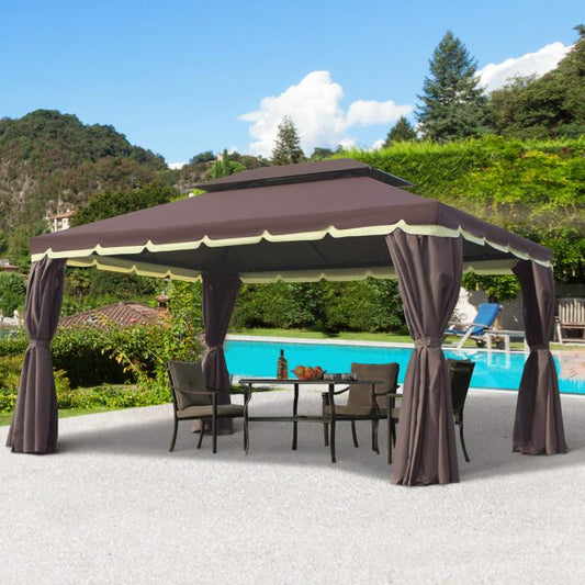 Patio gazebo canopy with double roof and dark curtains forming an enclosed shelter