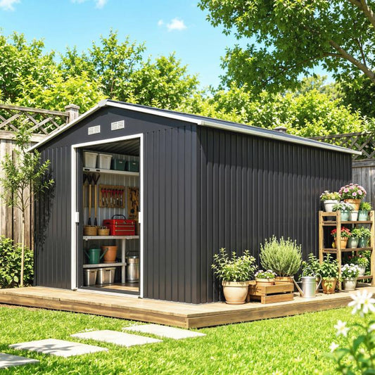 Dark gray metal storage shed with open double door showing interior shelves