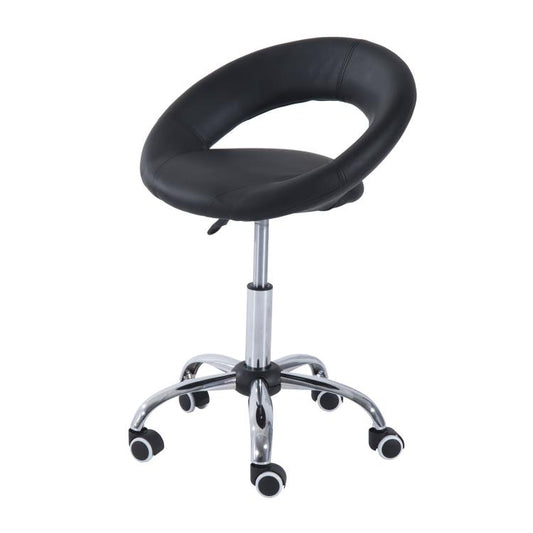Black padded rolling salon stool with curved open-back seat and caster wheels