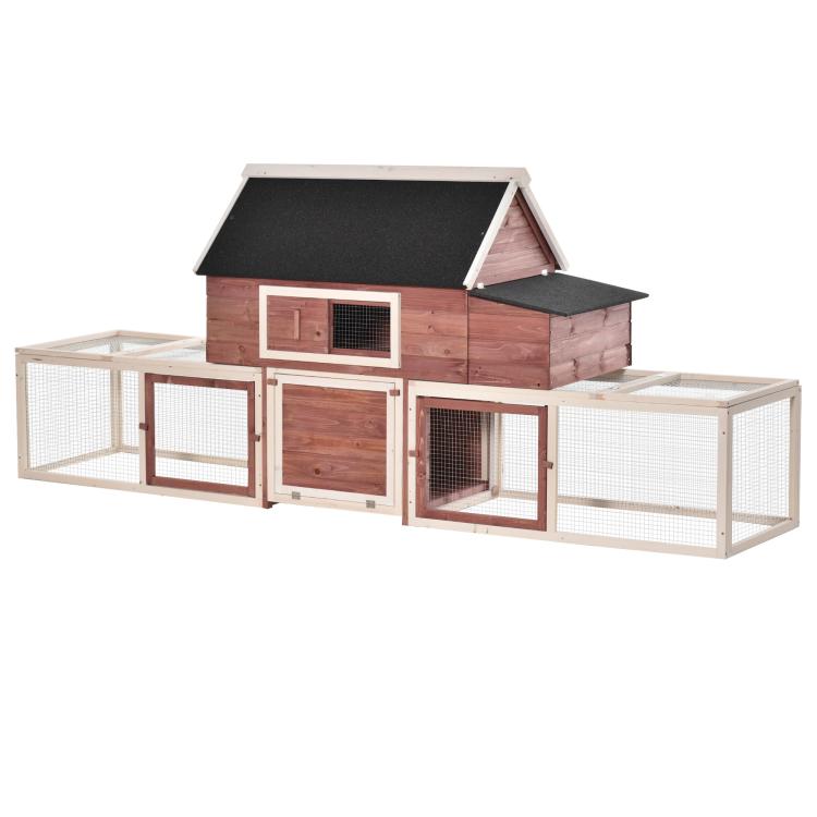 Wooden outdoor chicken coop with two wire runs, dark roof, and front nesting box