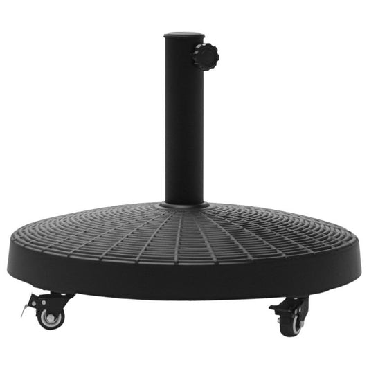 Black umbrella base stand with round woven-pattern pedestal and caster wheels