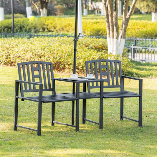 Outdoor double patio bench with slatted backs and built-in middle coffee table