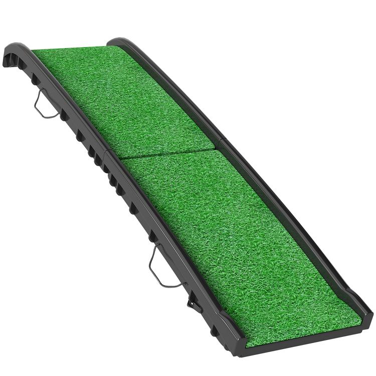 Folding pet ramp with green non slip turf surface and raised side rails
