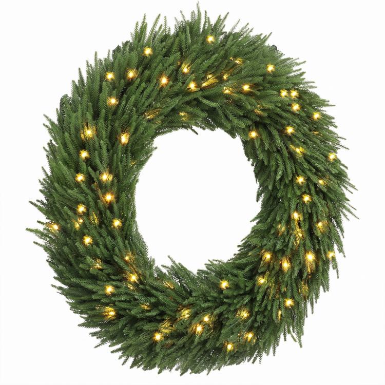 Artificial pine wreath, green, circular with warm yellow LED lights