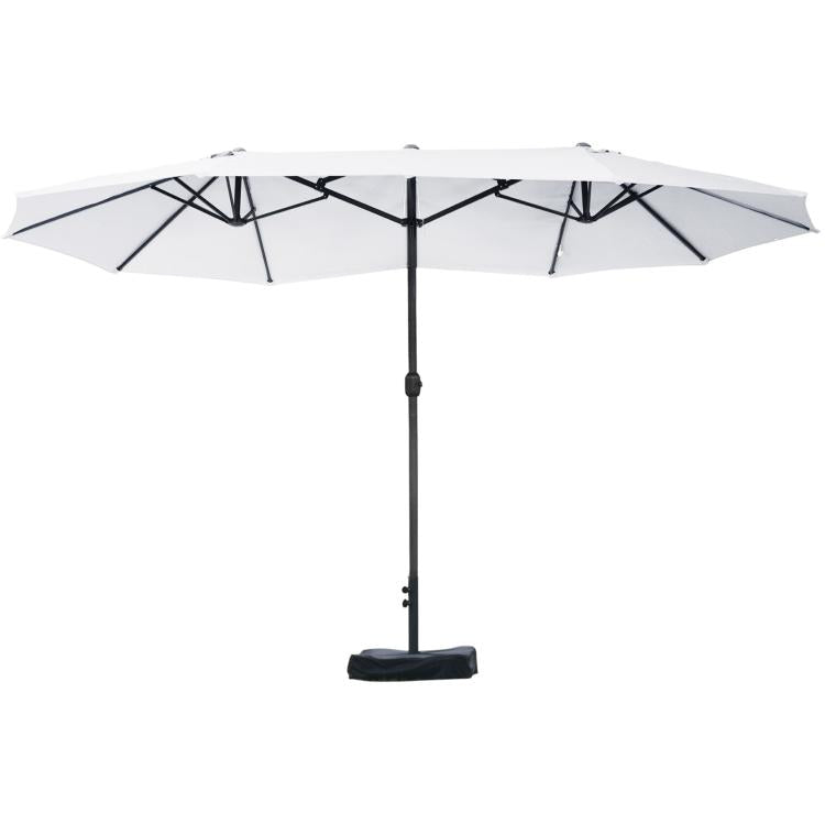 Light beige patio umbrella with crank pole and black ribs, open canopy