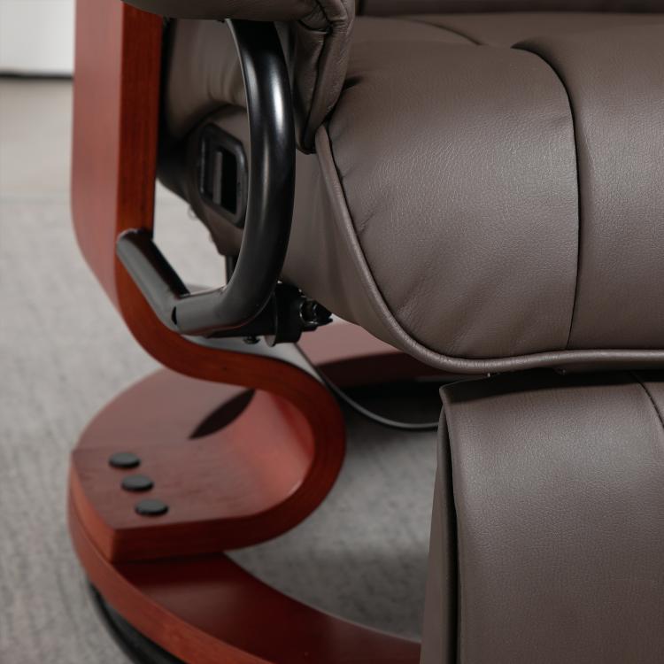 Manual recliner side control and swivel footrest, dark gray seat with wood frame