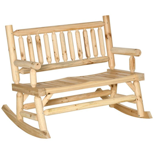 Natural wood rocking loveseat with slatted back and seat, two-person design