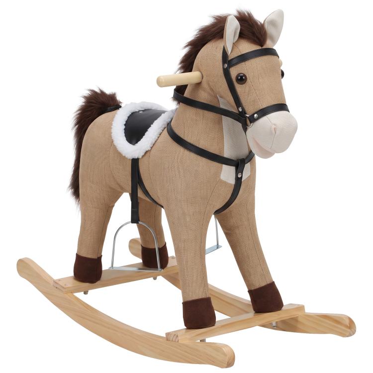 Rocking horse ride-on toy with brown plush body, white muzzle, and wooden rockers