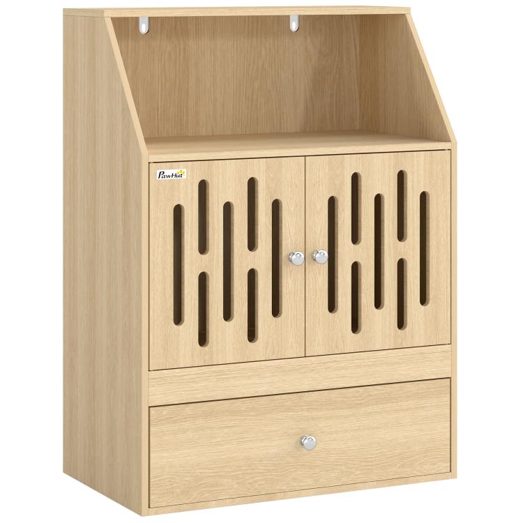 Wood pet feeding station cabinet with open top, door panels, and lower storage drawer