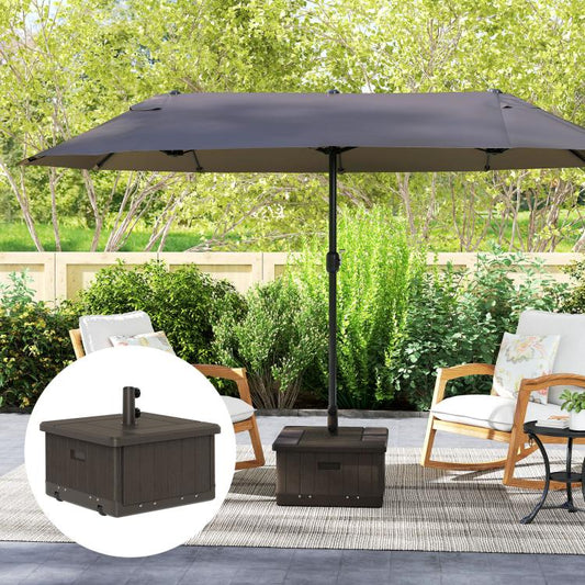 Brown umbrella base with umbrella pole holder and flat tabletop surface