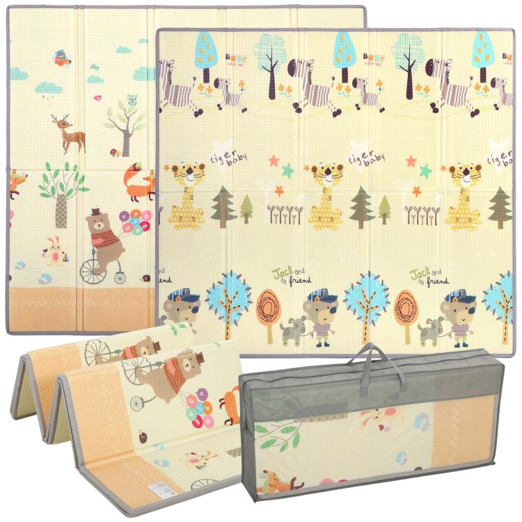 Reversible foldable baby play mat, forest animals and trees pattern, folded with bag