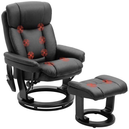 Black PU massage recliner chair with matching ottoman and circular footrest base