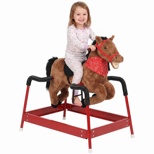 Brown plush rocking horse ride-on with red saddle and black safety handles
