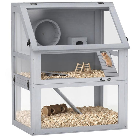 Gray 3-tier wooden hamster cage with wheel, ramp, hut, and seesaw inside