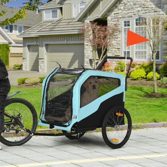 Blue pet stroller trailer on wheels with mesh side panels and raised handle