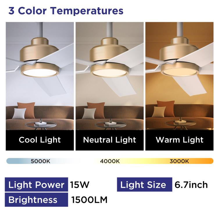 Ceiling fan light with three color temperatures, brushed gold motor and white blades