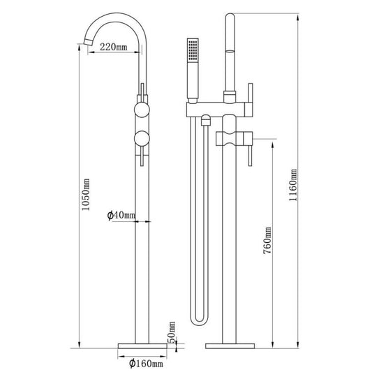 Matte black freestanding bathtub faucet dimension diagram with handheld shower