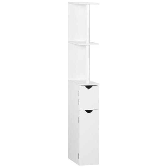 White bathroom storage cabinet with open shelves and two drawer cabinets at bottom.
