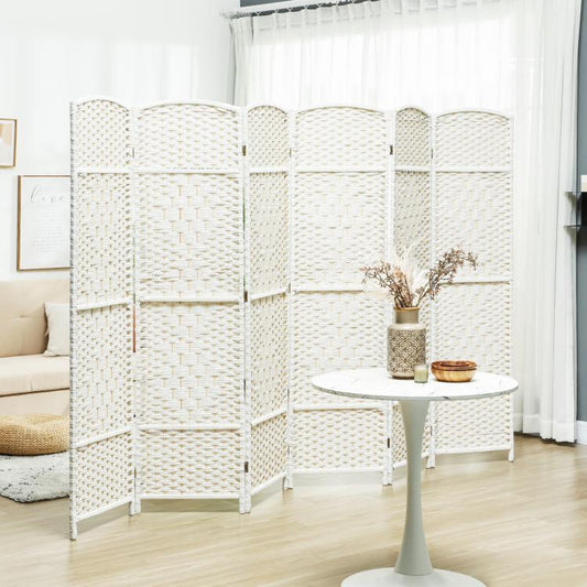 White folding privacy screen with curved woven panels, freestanding