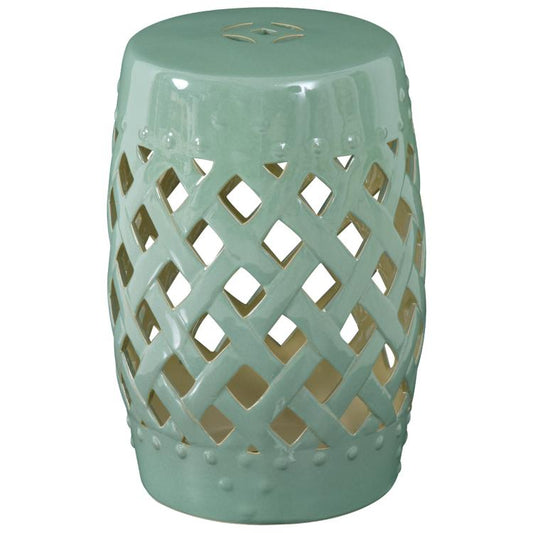 Green ceramic garden stool with woven lattice cutouts and glazed round top