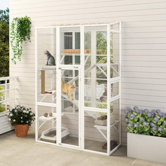 Outdoor Catio Cat Enclosure, Large Wooden Cat House with 6 Jumping Platforms, Scratching Post, 2 Ramps, for 2-3 Kittens
