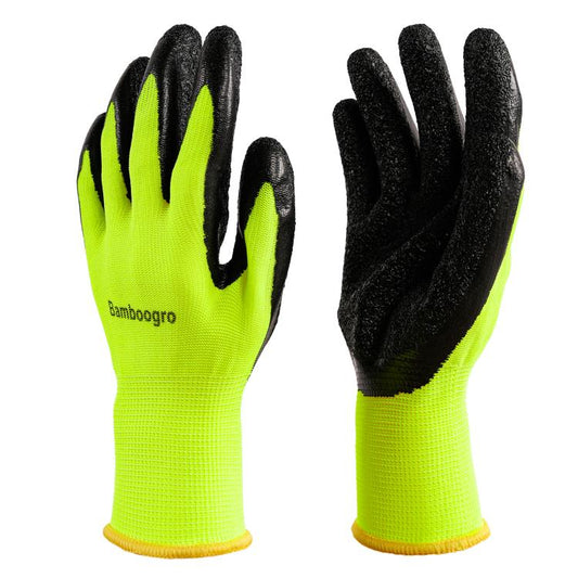 Neon green and black latex-coated seamless knit work gloves with textured anti-slip grip