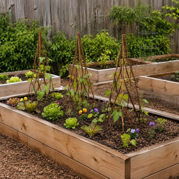 Wood teepee plant trellises in raised garden beds supporting climbing plants