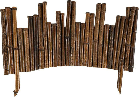 Natural bamboo lawn edging fence roll with upright poles and pointed stakes