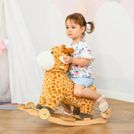 Kids riding giraffe rocker with plush body and wooden base, shown being held by child