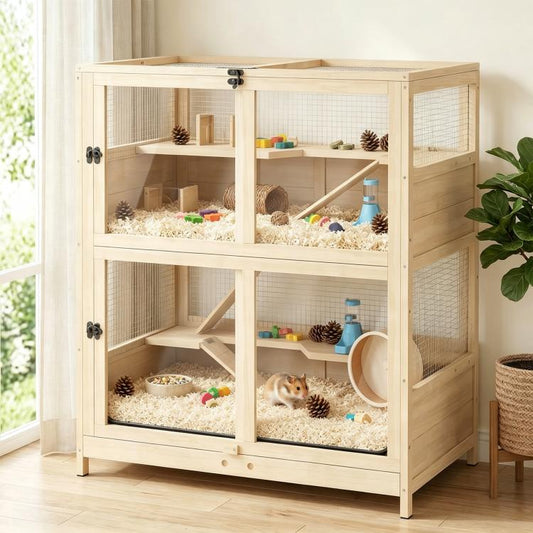 Wooden 4-tier small animal cage with mesh panels, ramps, tunnels, and water bottle