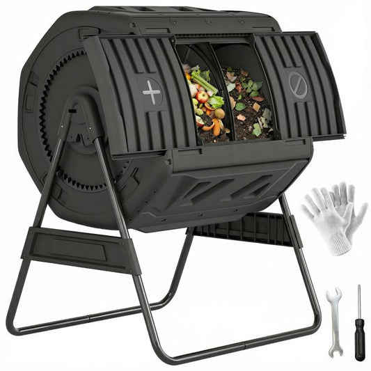 Compost Bin Outdoor, 53 Gal Dual Chamber Tumbling Composter with Adjustable Vents, BPA Free Tumbling Composter, Black