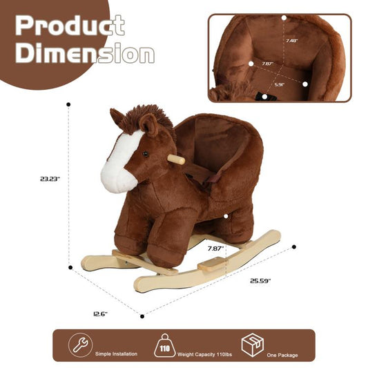 Brown plush rocking horse toy on wooden base, with size diagram inset