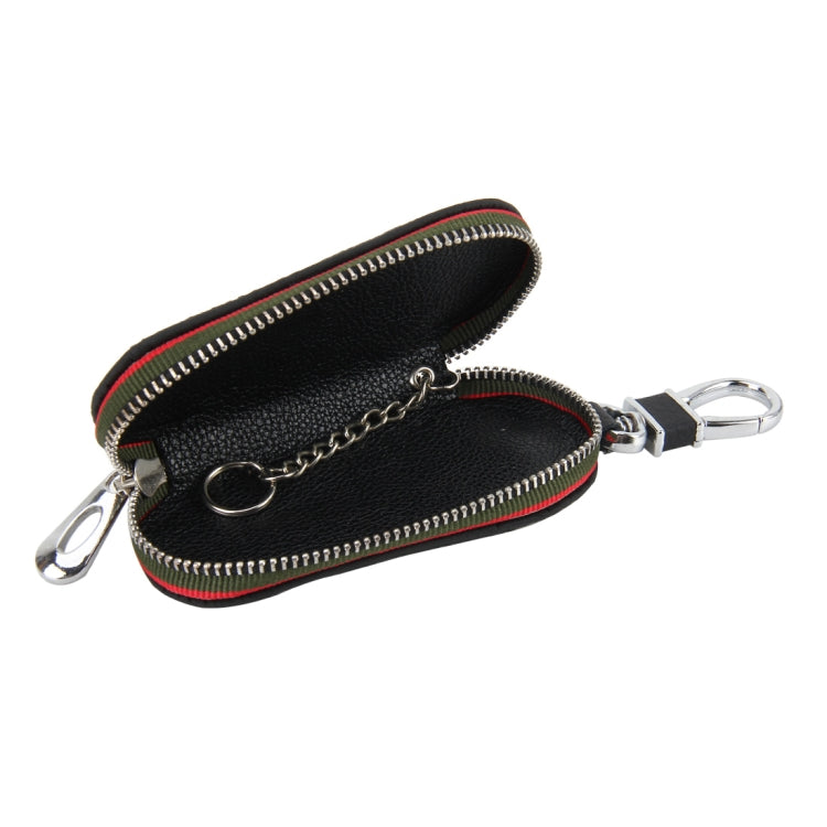 Black leather zip key pouch wallet with silver clasp and hanging chain inside