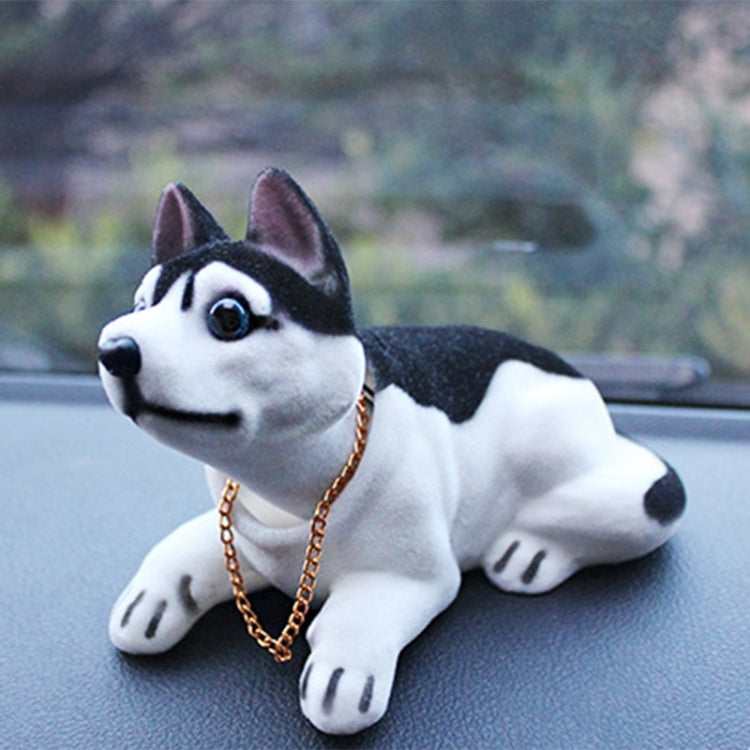 Dog doll car ornament: black-and-white husky-style figurine with chain collar