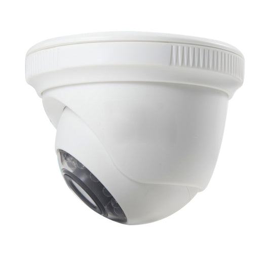 White dome security camera angled view showing lens housing and side grille
