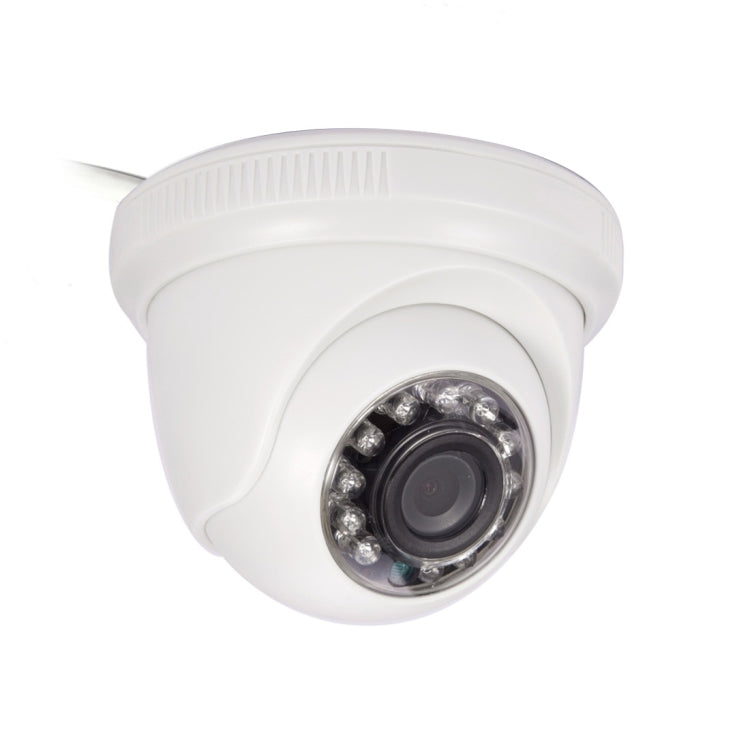 White dome security camera with IR LED ring and front lens, side cable