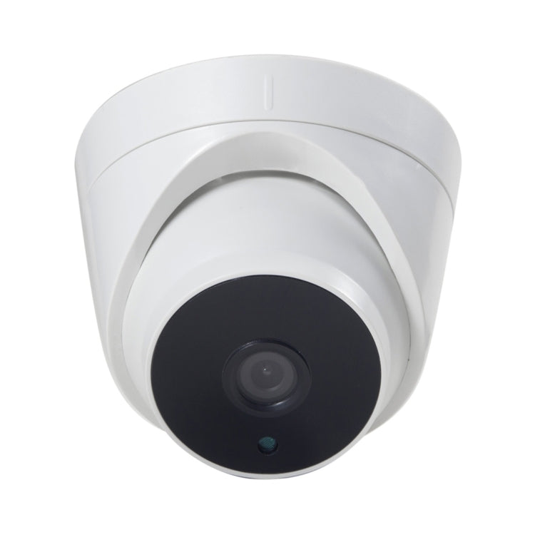 White dome security camera with front lens and dark viewing window