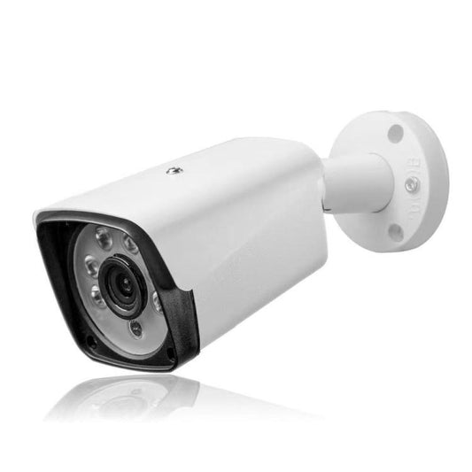 White bullet security camera with black lens hood and round wall-mount bracket