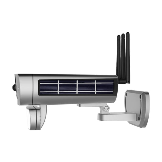 Solar security camera with white housing, blue solar panel, spotlight, and three rear antennas