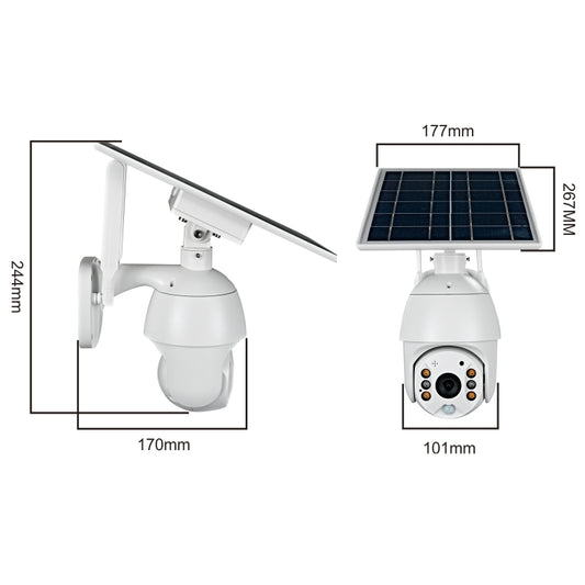 Solar-powered security camera with solar panel and wall bracket, size diagram