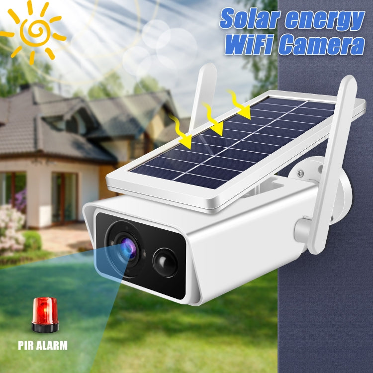 Solar-powered WiFi security camera with dual antennas and solar panel, charging in sunlight