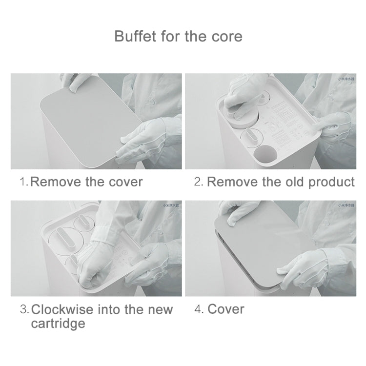 Water purifier filter cartridge replacement diagram with new cartridge installation