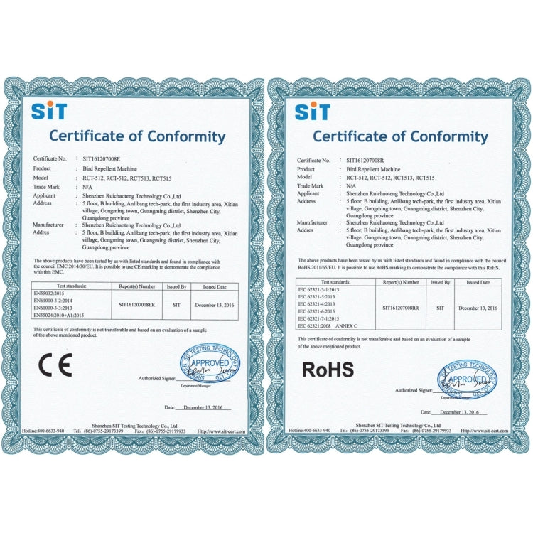Two conformity certificate documents labeled CE and RoHS for solar ultrasonic repellers