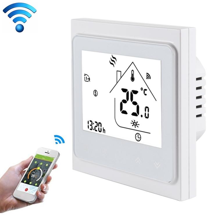 White wall thermostat with LCD screen, WiFi signal icons, and phone app control