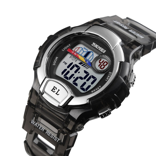 Black transparent digital watch viewed at an angle with blue LED time display