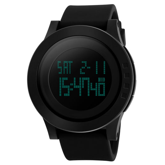 Black digital sports watch with illuminated pixel-style time on round face