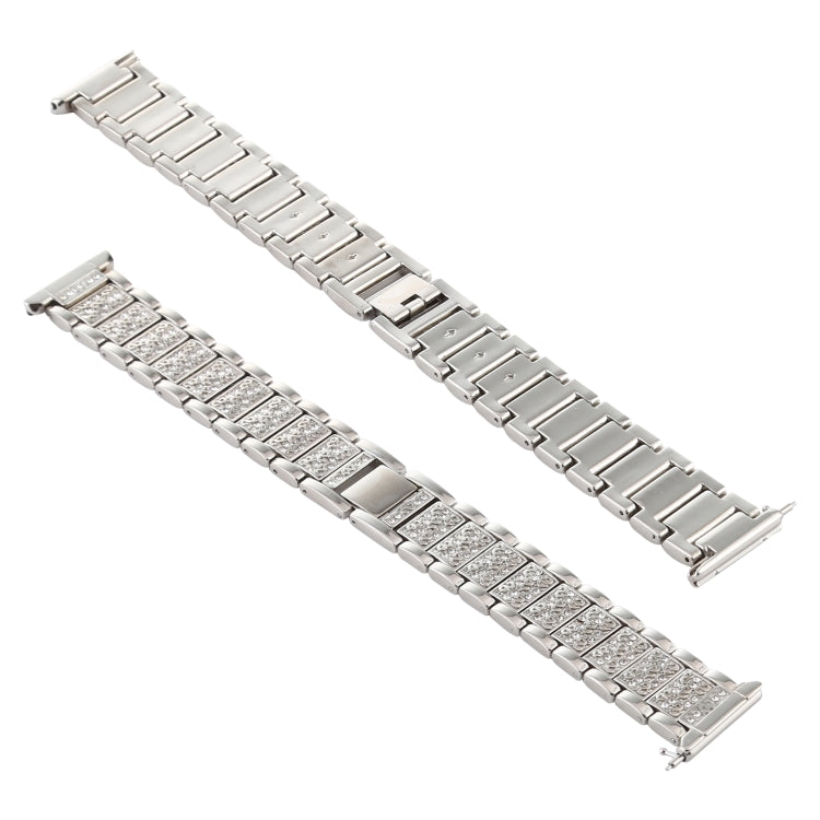Silver diamond-studded stainless steel watch band with metal link links and clasp