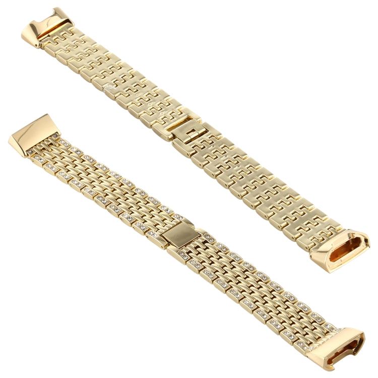 Gold diamond-studded stainless steel watch band with clasp and textured links