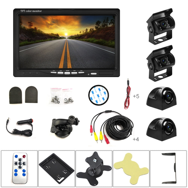 Car rear-view monitor kit with four cameras, cables, mounting parts, and remote control
